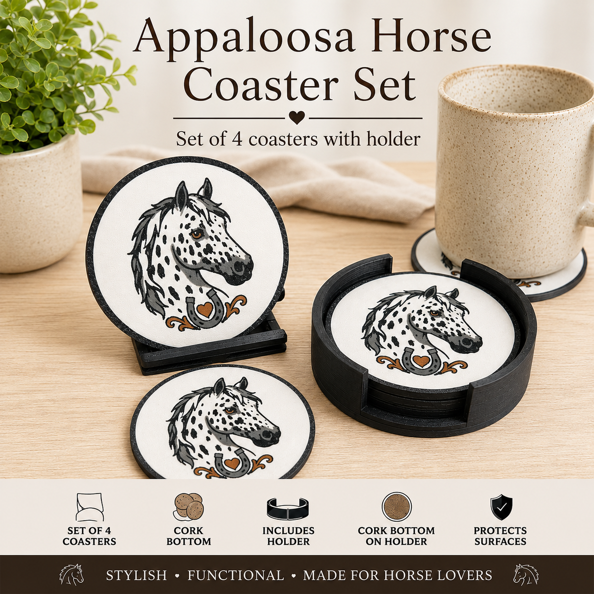 Appaloosa Horse Coaster Set featuring four round coasters with black-rimmed edges and a white center printed with an Appaloosa horse illustration, shown with two black coasters on a wooden table alongside a ceramic mug, a plant, and a beige cloth. Text at the top reads 'Appaloosa Horse Coaster Set' and a feature banner at the bottom lists included details.