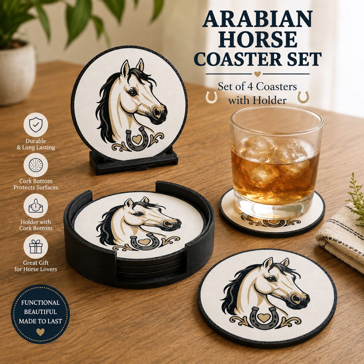 Four round horse-themed coasters with a black holder, displayed on a wooden table next to a glass of iced amber drink. The image includes promotional text and icons highlighting product features.