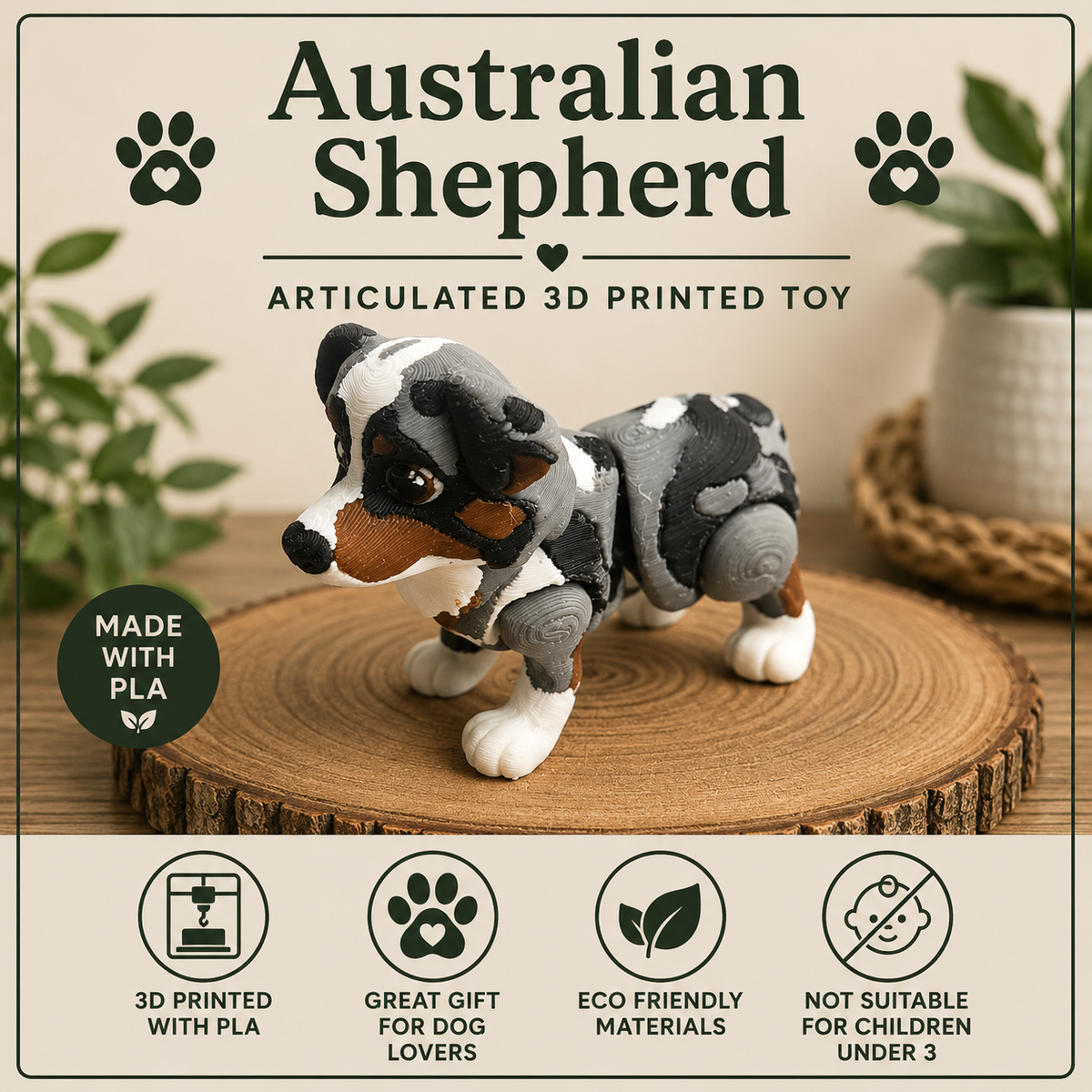 An Australian Shepherd 3D-printed articulated toy dog standing on a round wood slice, with decorative plants in the background. The image includes text overlays reading 'Australian Shepherd', 'Articulated 3D Printed Toy', 'Made with PLA', and feature icons for 3D printing, great gift for dog lovers, eco-friendly materials, and not suitable for children under 3.