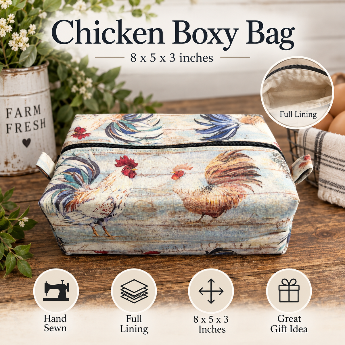 A fabric chicken box bag with a rustic rooster print, shown on a wooden table with decorative props. The image includes text reading 'Chicken Boxy Bag' with dimensions '8 x 5 x 3 inches,' a circular inset showing the full lining, and feature icons for hand sewn, full lining, dimensions, and gift idea.