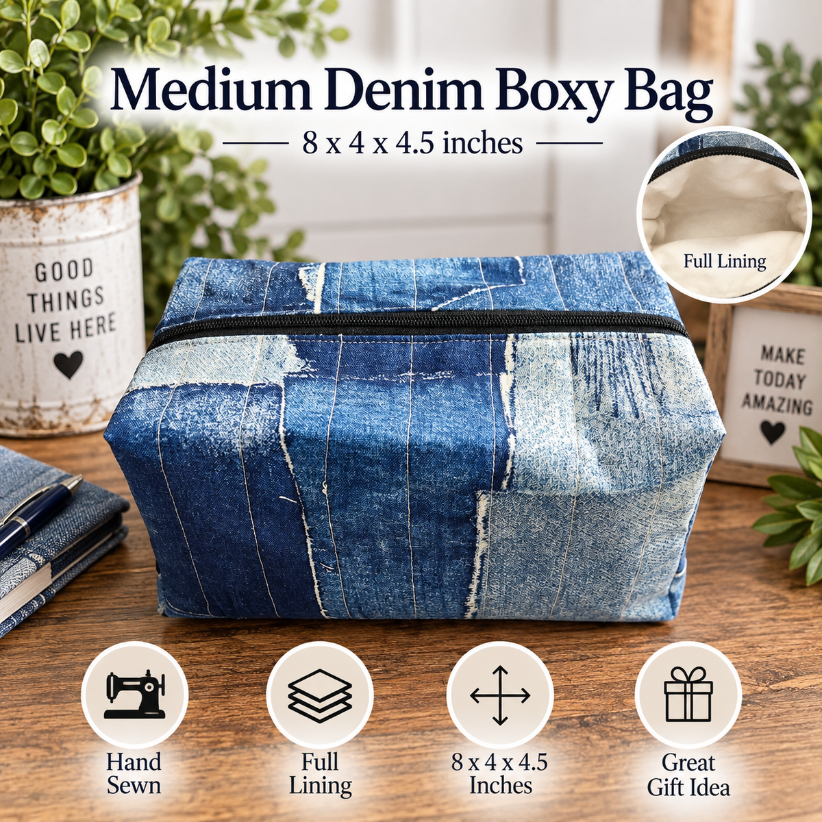 A medium-sized denim boxy bag with a blue patchwork print and black zipper, displayed on a wooden table with decorative plants and text overlays detailing its size, full lining, and sewing features.