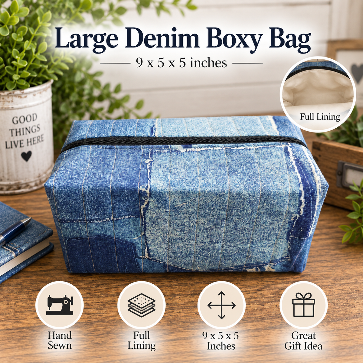 A large denim boxy bag made from blue denim fabric with a black zipper, shown on a wooden table with decorative plants and text overlays highlighting its 9 x 5 x 5 inch size, full lining, and hand-sewn quality.