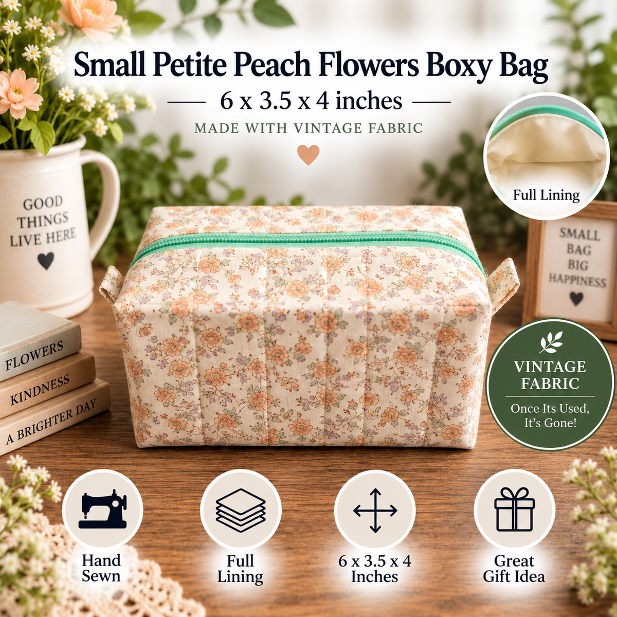 A quilted boxy bag with a small peach and cream floral print sits on a wooden table, surrounded by decorative props including a mug, books, flowers, and informational callouts about size, full lining, and vintage fabric.