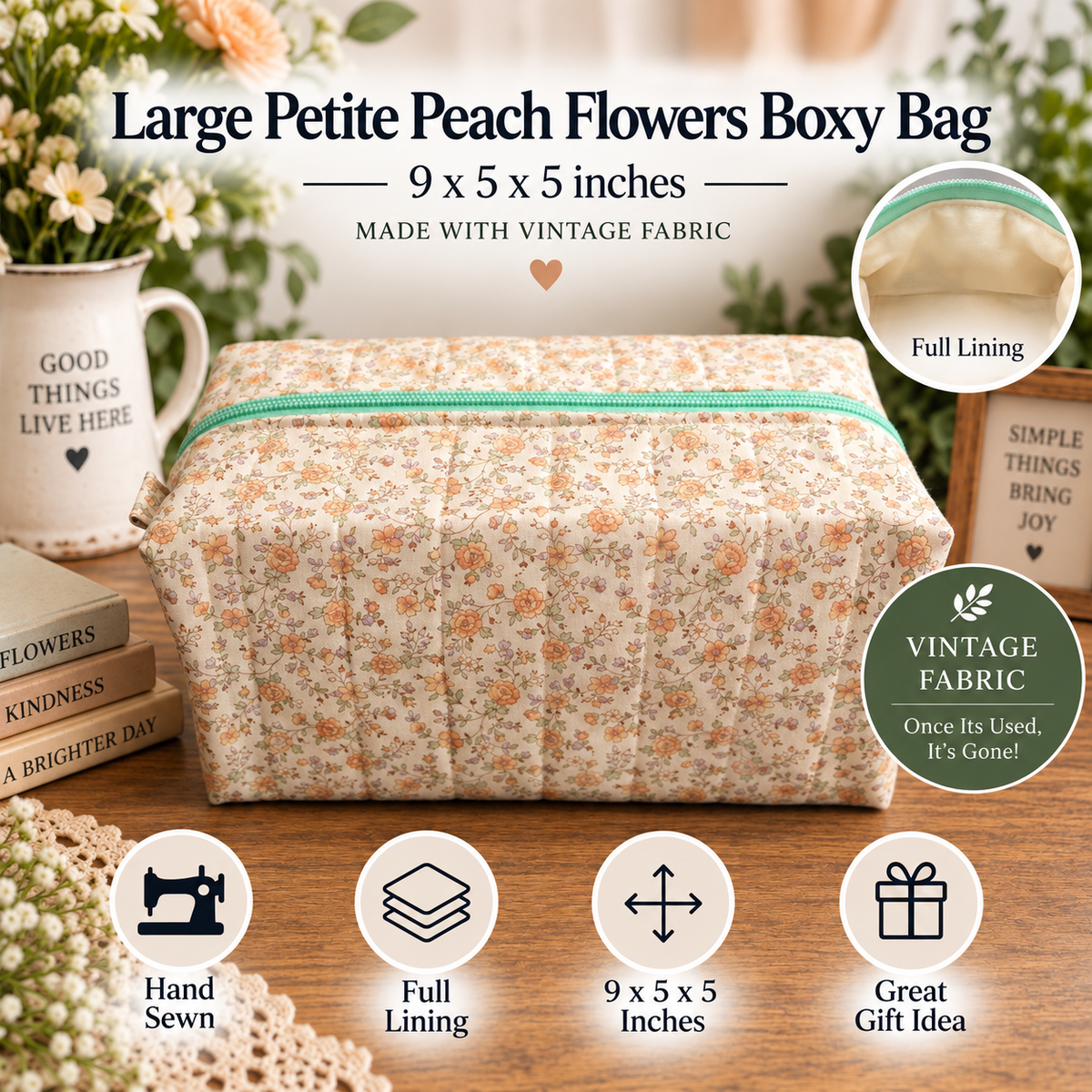 A quilted fabric box bag with a small peach and cream floral print, shown on a wooden table with decorative props. The image includes text overlays describing the product as a 'Large Petite Peach Flowers Boxy Bag' with dimensions '9 x 5 x 5 inches' and features like 'Full Lining' and 'Hand Sewn'.