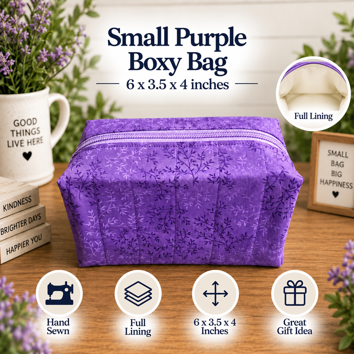 A purple fabric boxy bag with a subtle floral pattern, shown on a wooden table with decorative props. Text at the top reads 'Small Purple Boxy Bag 6 x 3.