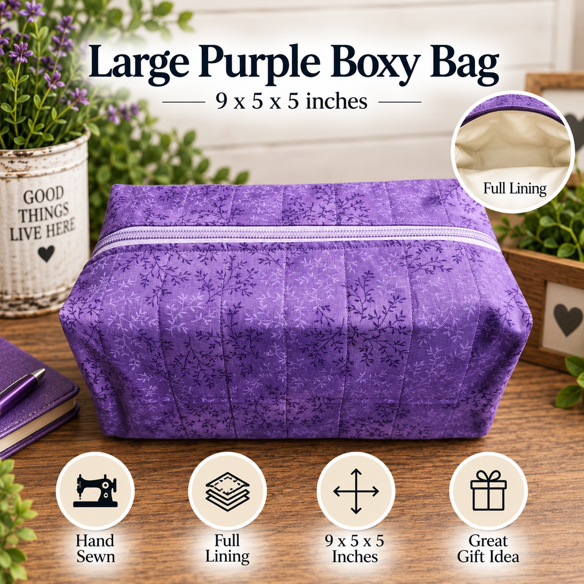 A large purple fabric boxy bag with a subtle floral pattern, shown on a wooden table with decorative plants and accessories. The image includes text reading 'Large Purple Boxy Bag' with dimensions '9 x 5 x 5 inches' and feature callouts for 'Full Lining' and product features.
