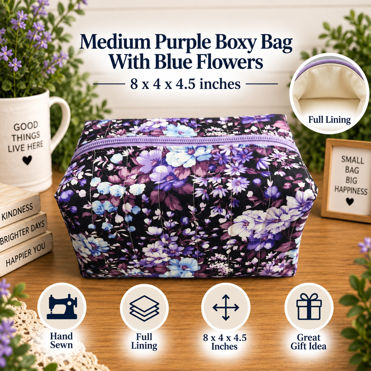 A purple floral boxy bag with blue flowers, shown on a wooden table with decorative props and text overlays describing its size, full lining, and features.