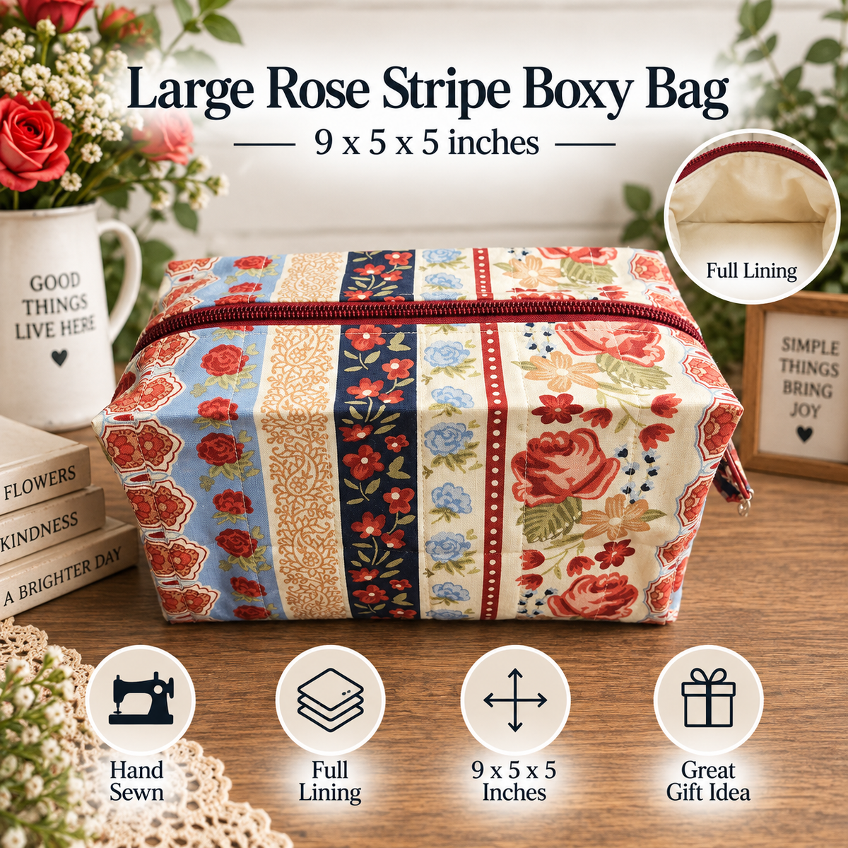 A fabric storage bag with a large rose and floral stripe pattern, shown on a wooden table with decorative props. The text at the top reads 'Large Rose Stripe Boxy Bag - 9 x 5 x 5 inches' and there are feature icons at the bottom for 'Hand Sewn', 'Full Lining', '9 x 5 x 5 Inches', and 'Great Gift Idea'.
