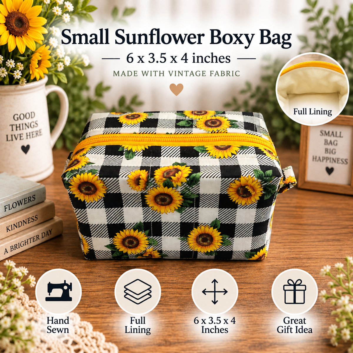 A small sunflower-themed boxy bag with a black and white gingham pattern and yellow sunflower print, shown on a wooden table with decorative props. The image includes text overlays describing the product as a 6 x 3.