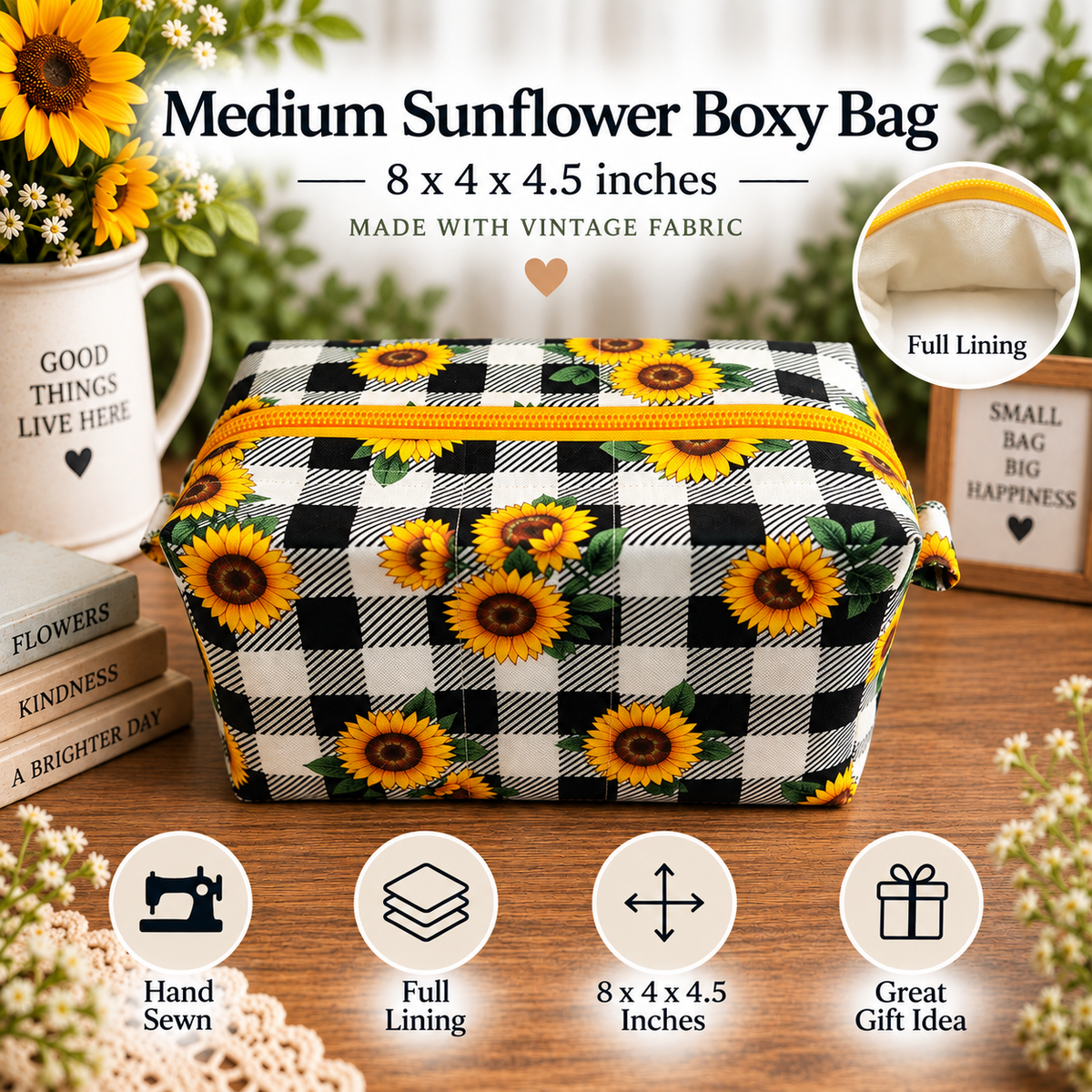 A medium-sized sunflower-themed boxy bag with a black and white buffalo check pattern and yellow sunflower prints, shown on a wooden table with decorative props and text overlays detailing its features.