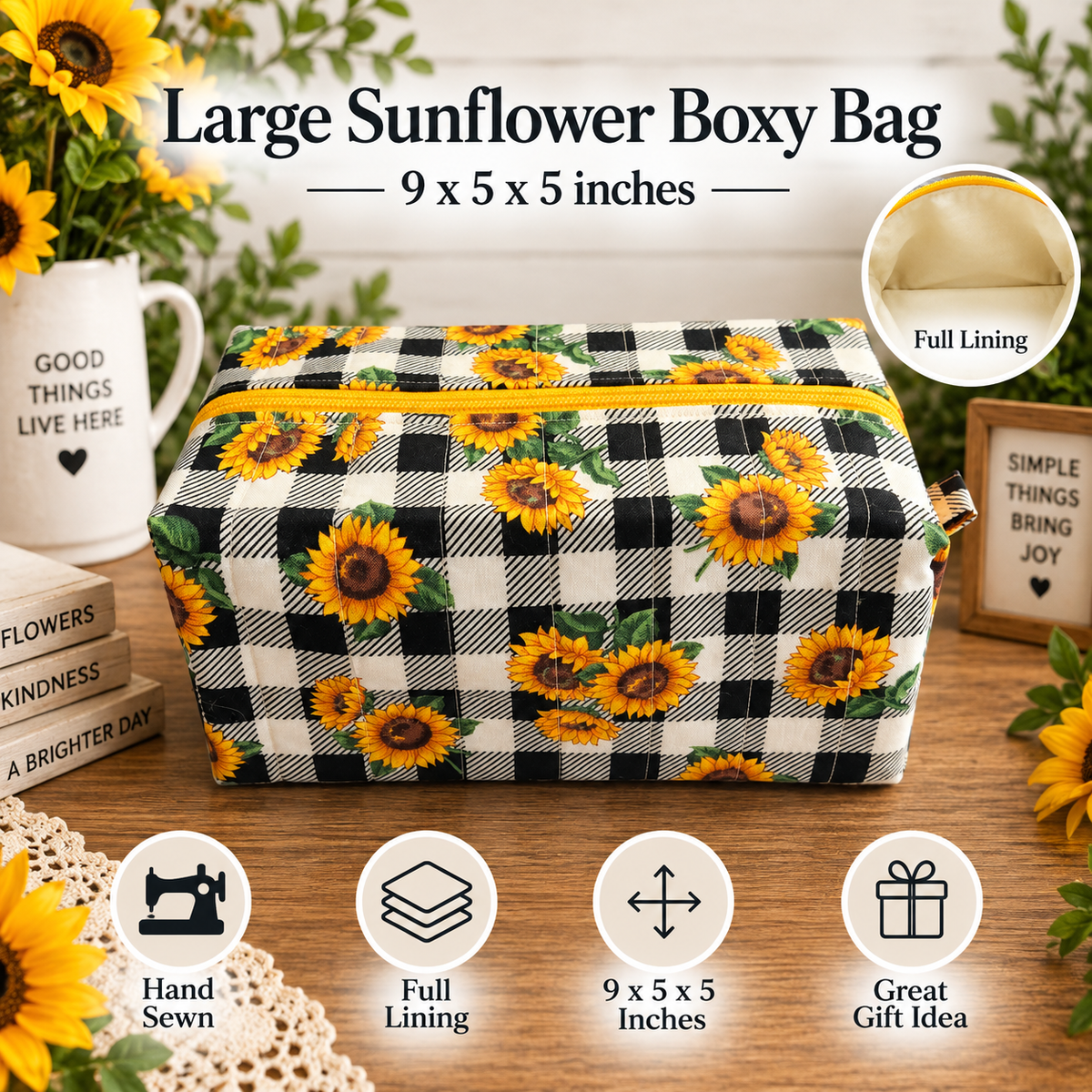 A large sunflower-themed boxy bag with a black and white gingham pattern and yellow sunflower prints, shown on a wooden table with decorative props. Text overlays highlight its 9x5x5 inch size, full lining, and hand-sewing capability.