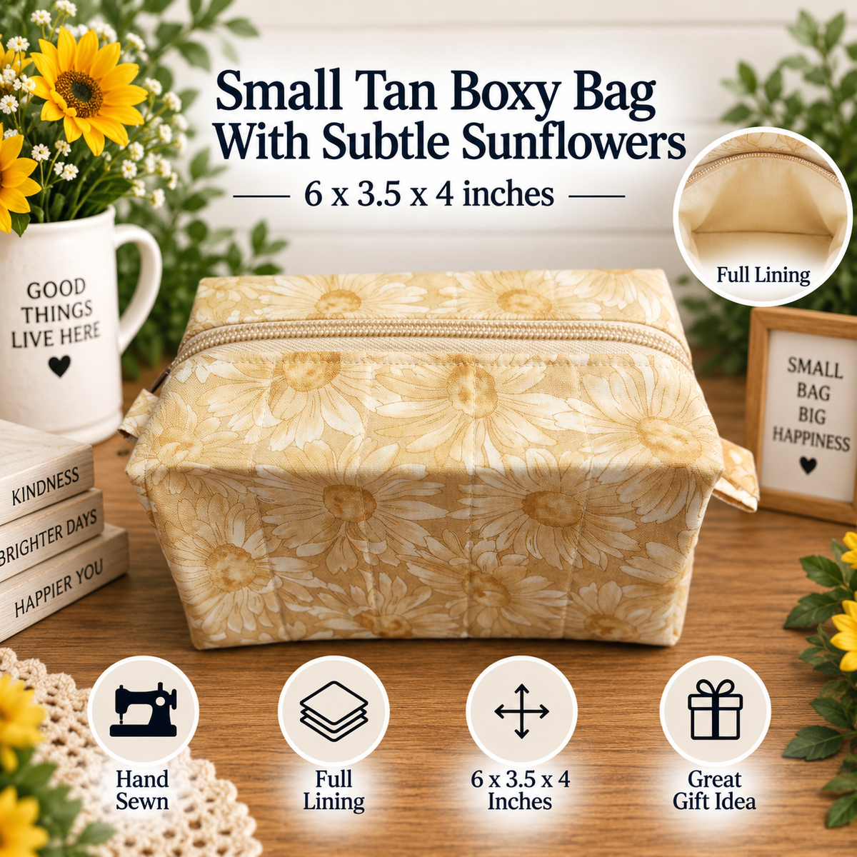 A quilted Small yellow boxy bag with a sunflower floral print sits on a wooden table, surrounded by decorative props including a mug, flowers, and small boxes. Text overlays describe the product as 'Medium Yellow Boxy Bag With Subtle Sunflowers' with dimensions 6 x 3.5 x 4