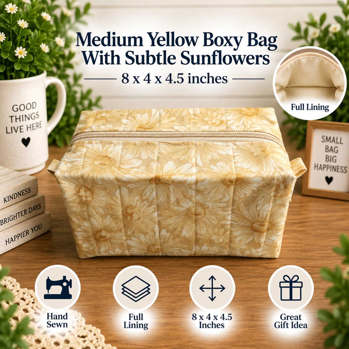 A quilted medium yellow boxy bag with a sunflower floral print sits on a wooden table, surrounded by decorative props including a mug, flowers, and small boxes. Text overlays describe the product as 'Medium Yellow Boxy Bag With Subtle Sunflowers' with dimensions '8 x 4 x 4.