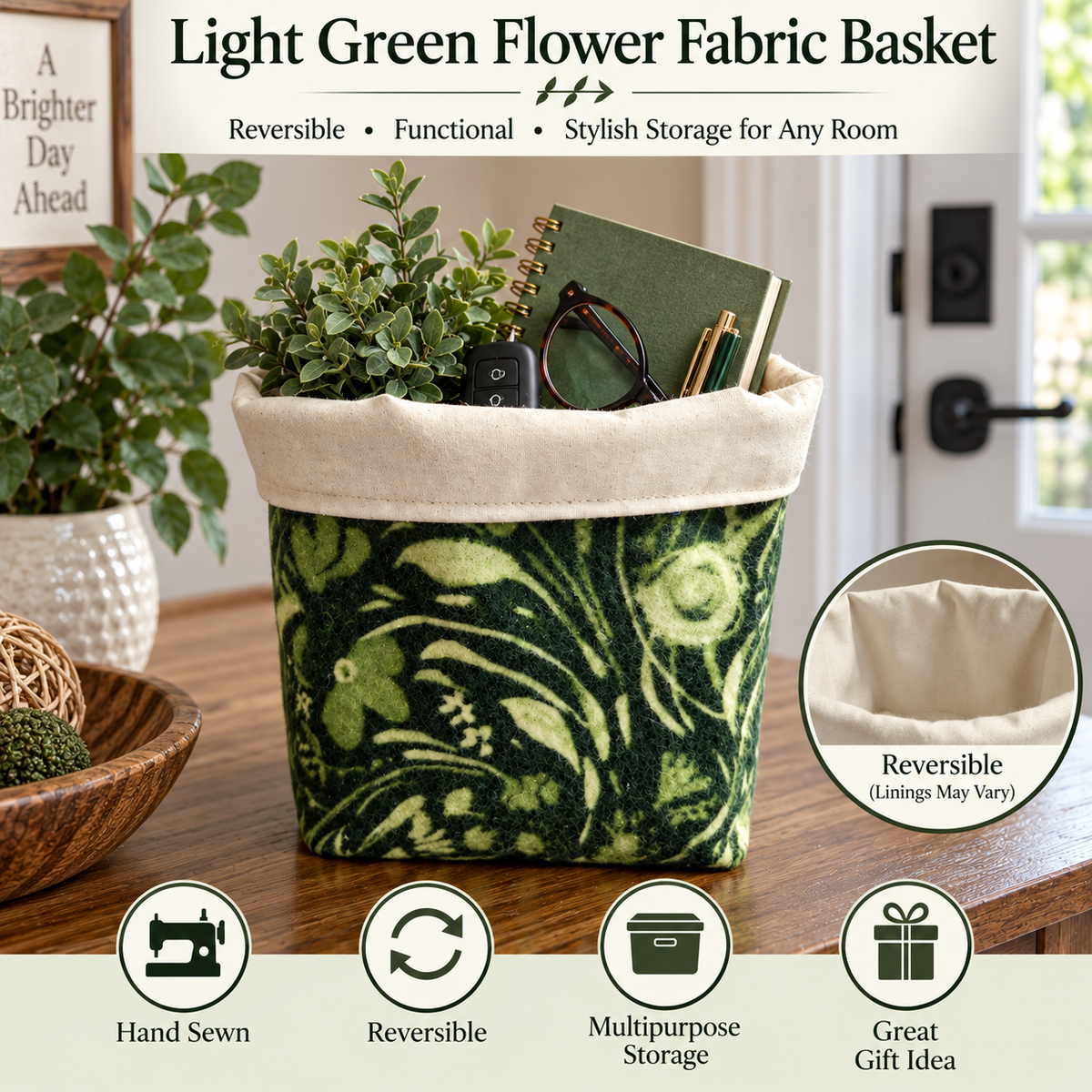 A fabric storage basket with a green and black floral pattern and a light beige canvas trim, shown filled with plants, notebooks, and glasses on a wooden table. The image includes marketing text at the top and feature icons at the bottom.