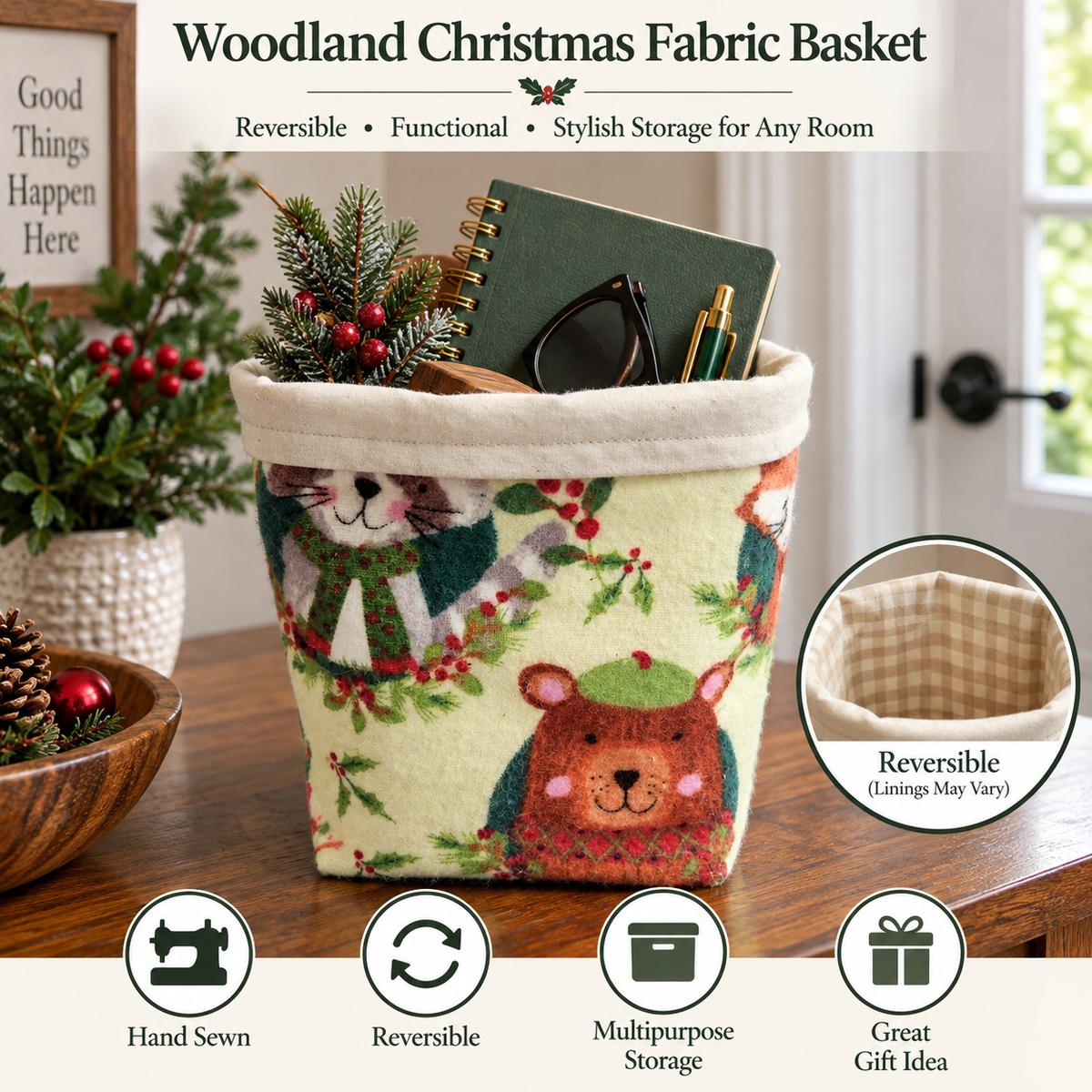 Woodland Christmas fabric storage basket shown on a wooden table with holiday greenery and stationery inside. The basket has a cream base with a printed pattern of bears, holly, pinecones, and evergreen branches.
