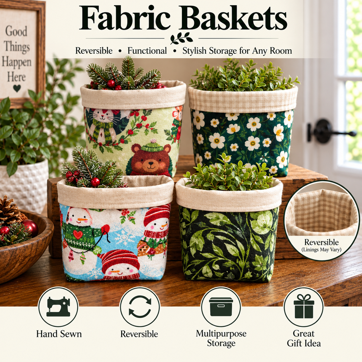 Four fabric storage baskets with different printed patterns, shown filled with green plants on a wooden table. The image includes marketing text reading 'Fabric Baskets' and feature icons for 'Hand Sewn', 'Reversible', 'Multipurpose Storage', and 'Great Gift Idea'.