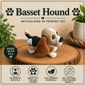 A 3D-printed articulated Basset Hound figure in brown, featuring characteristic long floppy ears and a flexible, poseable design.