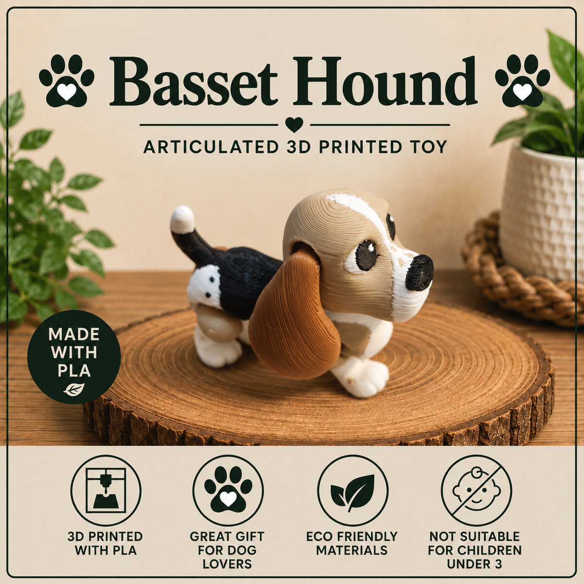 A 3D-printed articulated Basset Hound figure in brown, featuring characteristic long floppy ears and a flexible, poseable design.