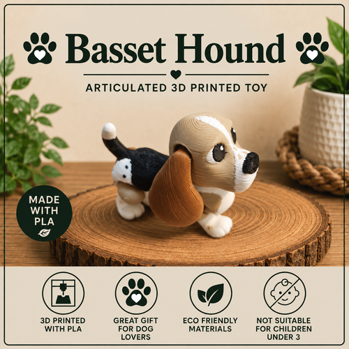 A 3D-printed articulated Basset Hound figure in brown, featuring characteristic long floppy ears and a flexible, poseable design.