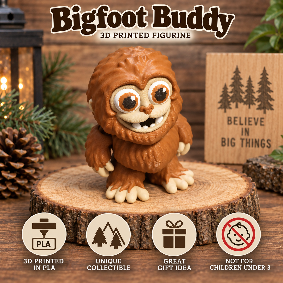 A 3D printed Bigfoot figurine named 'Bigfoot Buddy' displayed on a rustic wood slice pedestal. The background features a wooden sign engraved with 'BELIEVE IN BIG THINGS', pine branches, and a lantern, while the bottom of the image features four circular icons highlighting product features: '3D PRINTED IN PLA', 'UNIQUE COLLECTIBLE', 'GREAT GIFT IDEA', and 'NOT FOR CHILDREN UNDER 3'.