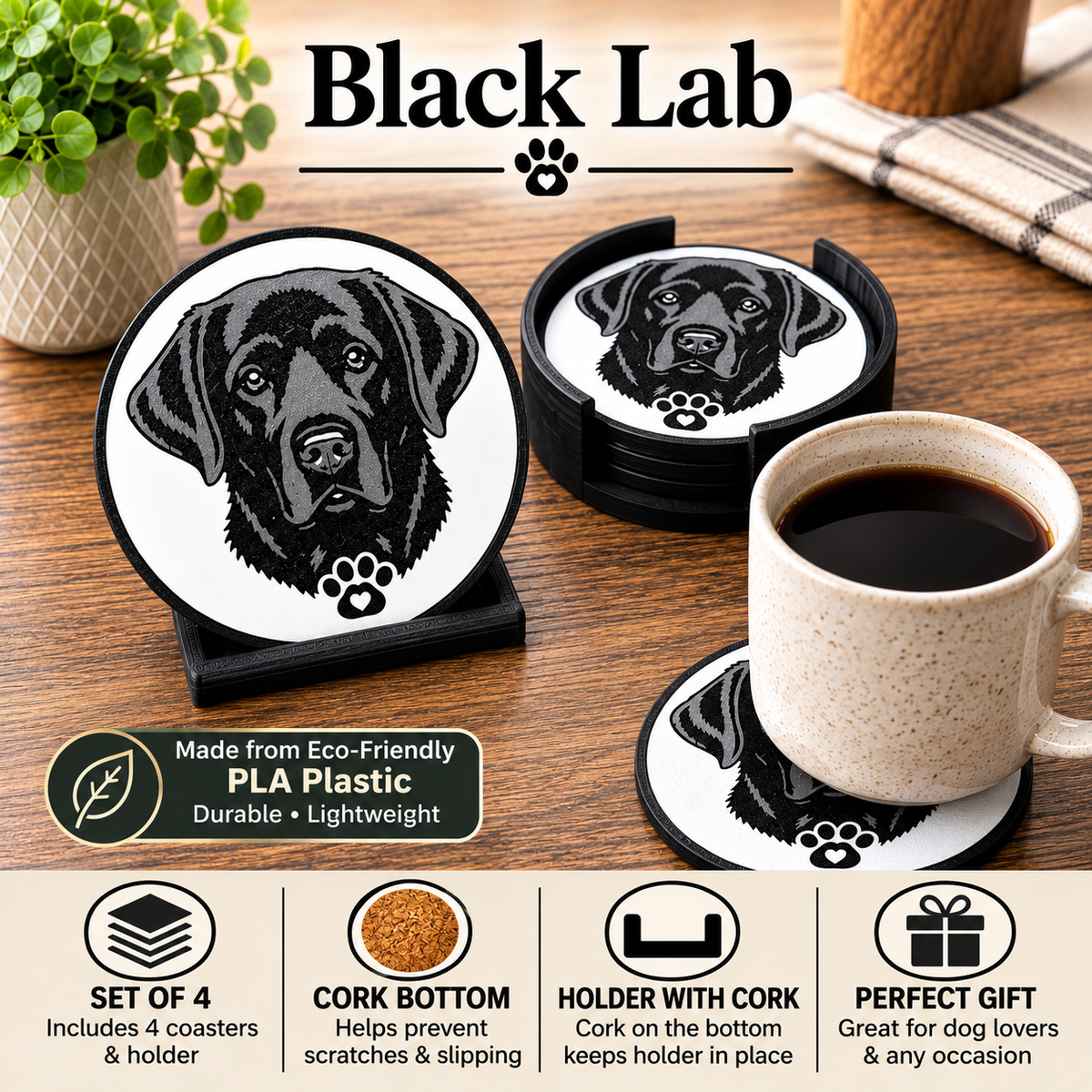 Four black Labrador retriever coaster set on a wooden table, with a mug of black coffee and a plant in the background. The image includes text overlays describing the product features and benefits.