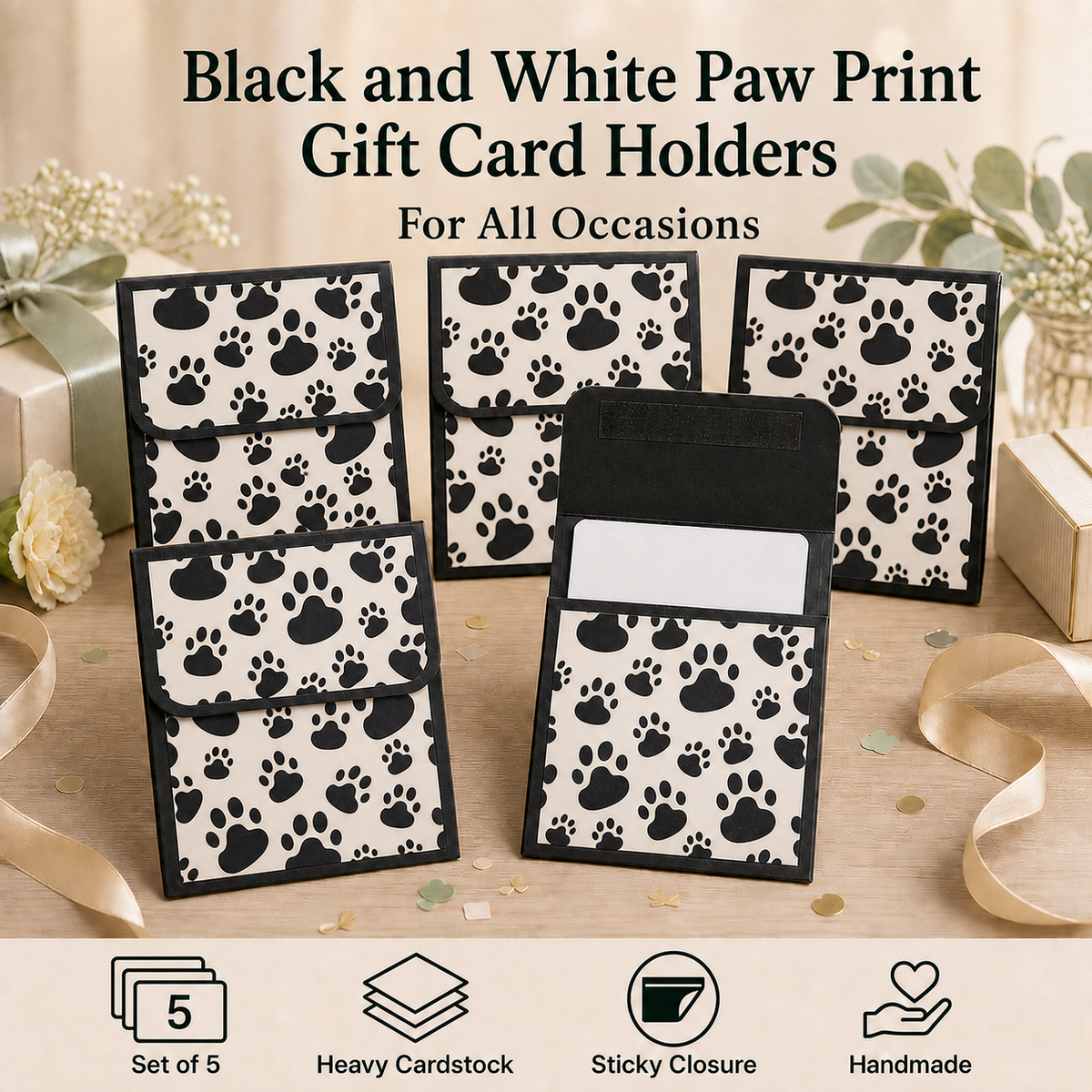 Five black and white paw print gift card holders arranged on a wooden surface with decorative ribbons and gift boxes. Text at the top reads 'Black and White Paw Print Gift Card Holders For All Occasions,' and feature icons at the bottom mention a set of 5, heavy cardstock, sticky closure, and handmade quality.