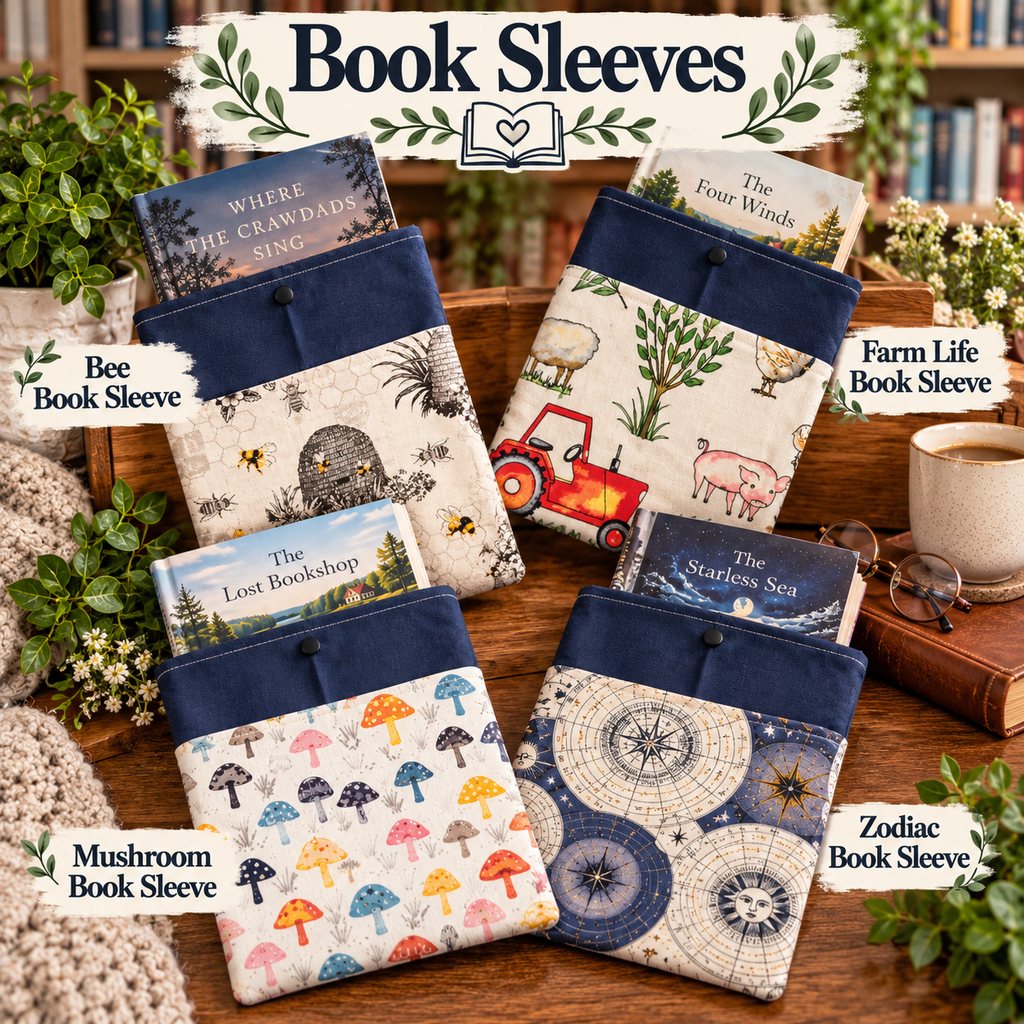 Six quilted book sleeves displayed on a rustic wooden table with books, plants, and a mug. The top banner reads 'Book Sleeves,' and labels identify the five designs: Bee Book Sleeve, Farm Life Book Sleeve, Mushroom Book Sleeve, The Lost Benchshop (appears to be The LOST Benchshop), and Zodiac Book Sleeve.
