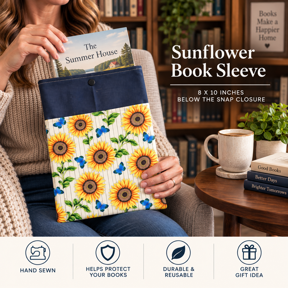 A person in a cozy living room holds a book under a navy blue sleeve with a sunflower and butterfly print. Text on the right reads 'Sunflower Book Sleeve' with dimensions, and a bottom banner lists features like hand sewn, book protection, durability, and gift idea.