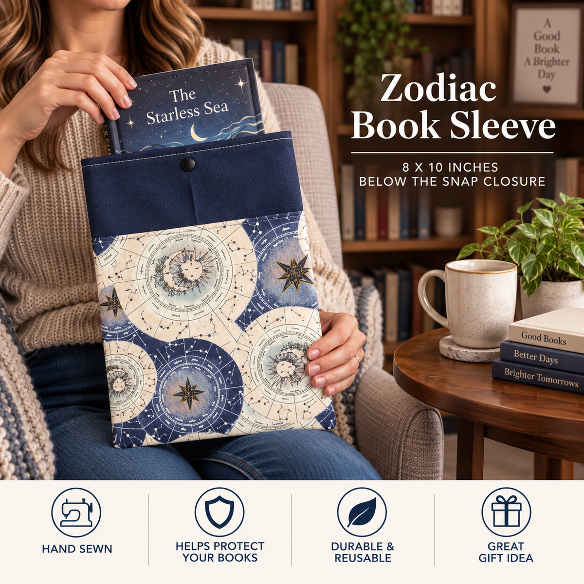 A person seated in a cozy room holds a navy and cream astrology-themed book sleeve with celestial patterns. The sleeve is shown holding a book, with promotional text reading 'Zodiac Book Sleeve' and feature icons along the bottom.