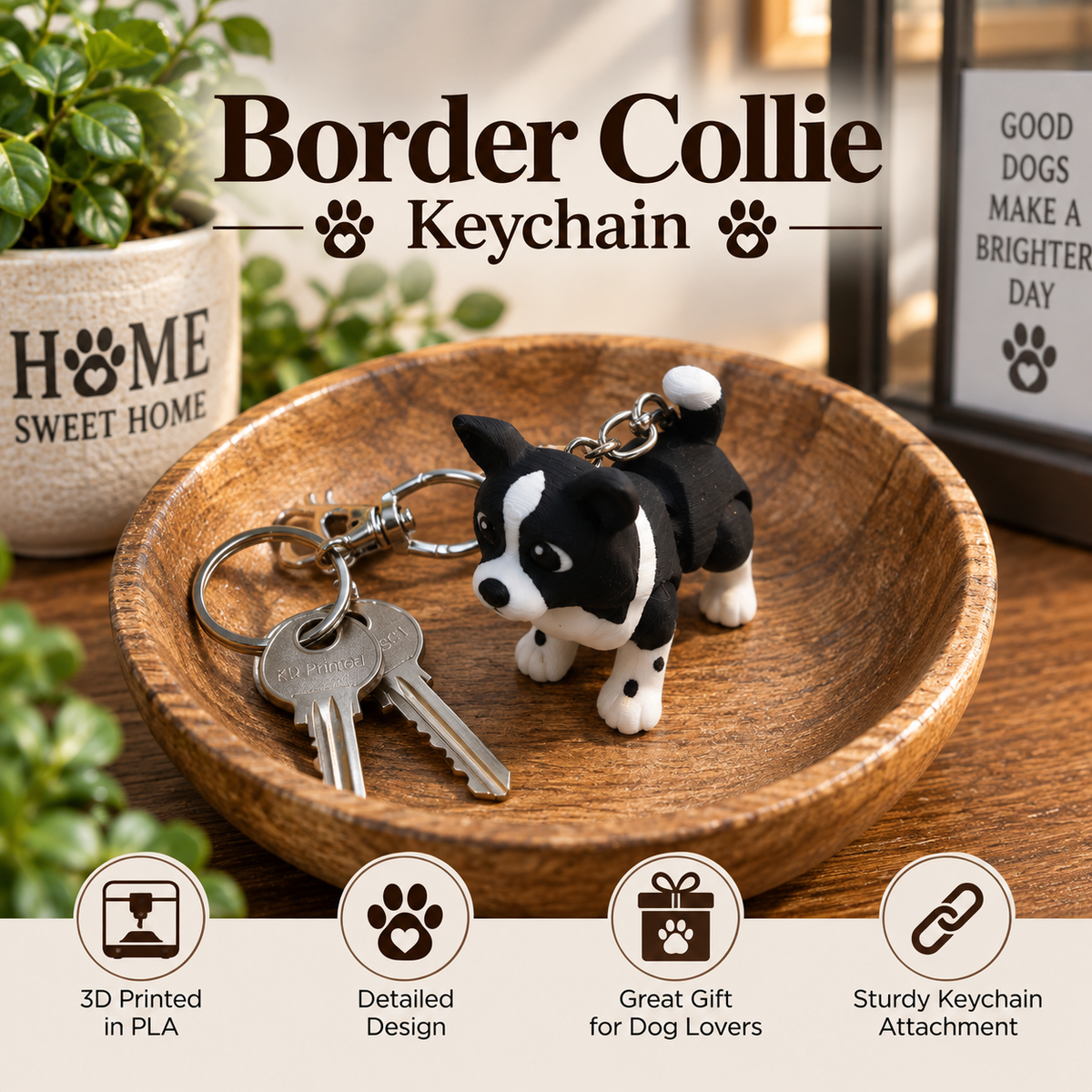 A 3D-printed black and white Border Collie dog keychain resting on a wooden dish, next to a set of keys. The image includes promotional text overlays reading 'Border Collie Keychain' and feature icons at the bottom.