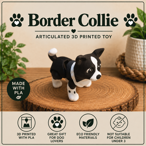Border Collie Flexi toy on a wood round sitting on a table with greenery
