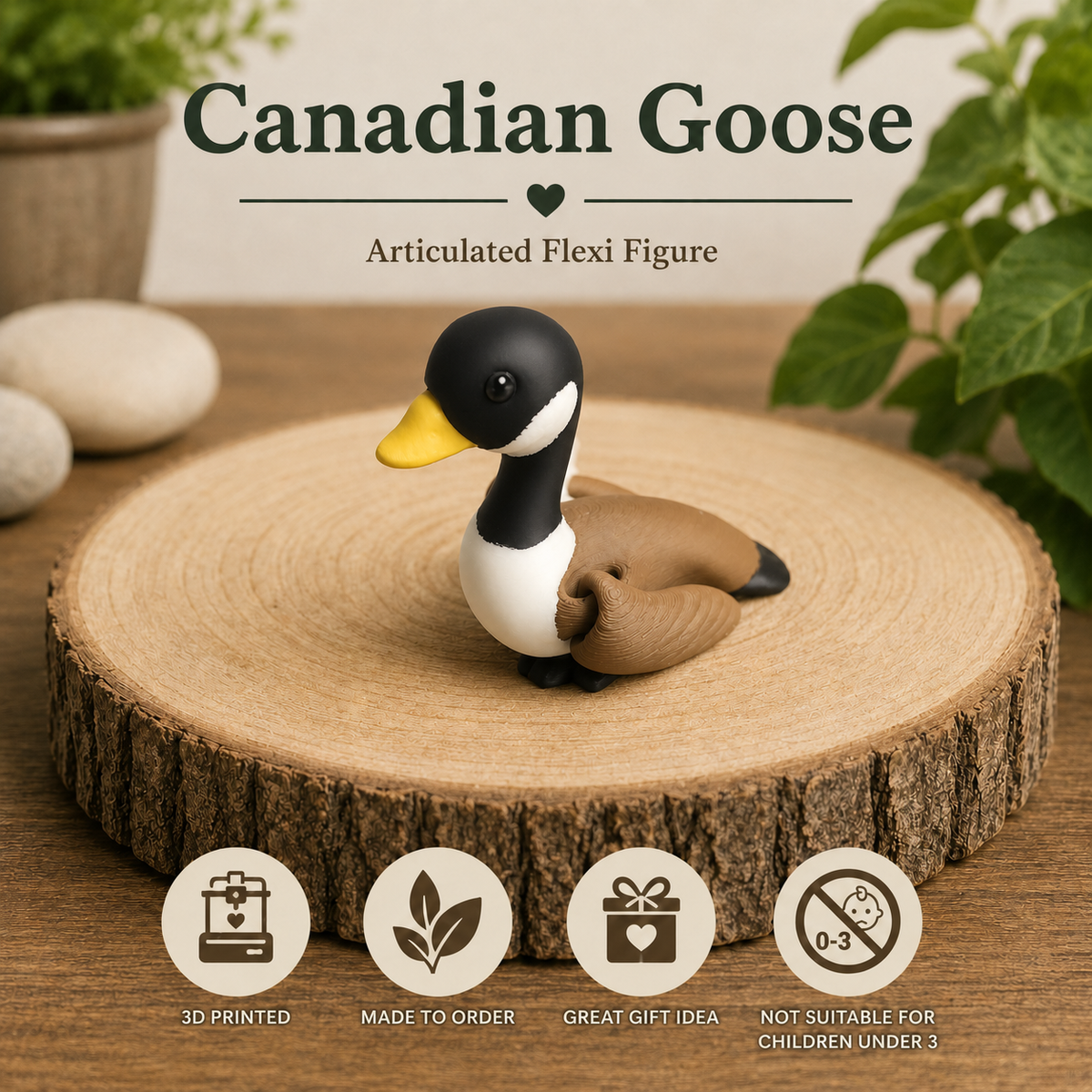 A small articulated Canadian goose flexi figure with a black and white head, yellow beak, and brown body, displayed on a round wood slice. The image includes text reading 'Canadian Goose Articulated Flexi Figure' and four feature icons at the bottom.