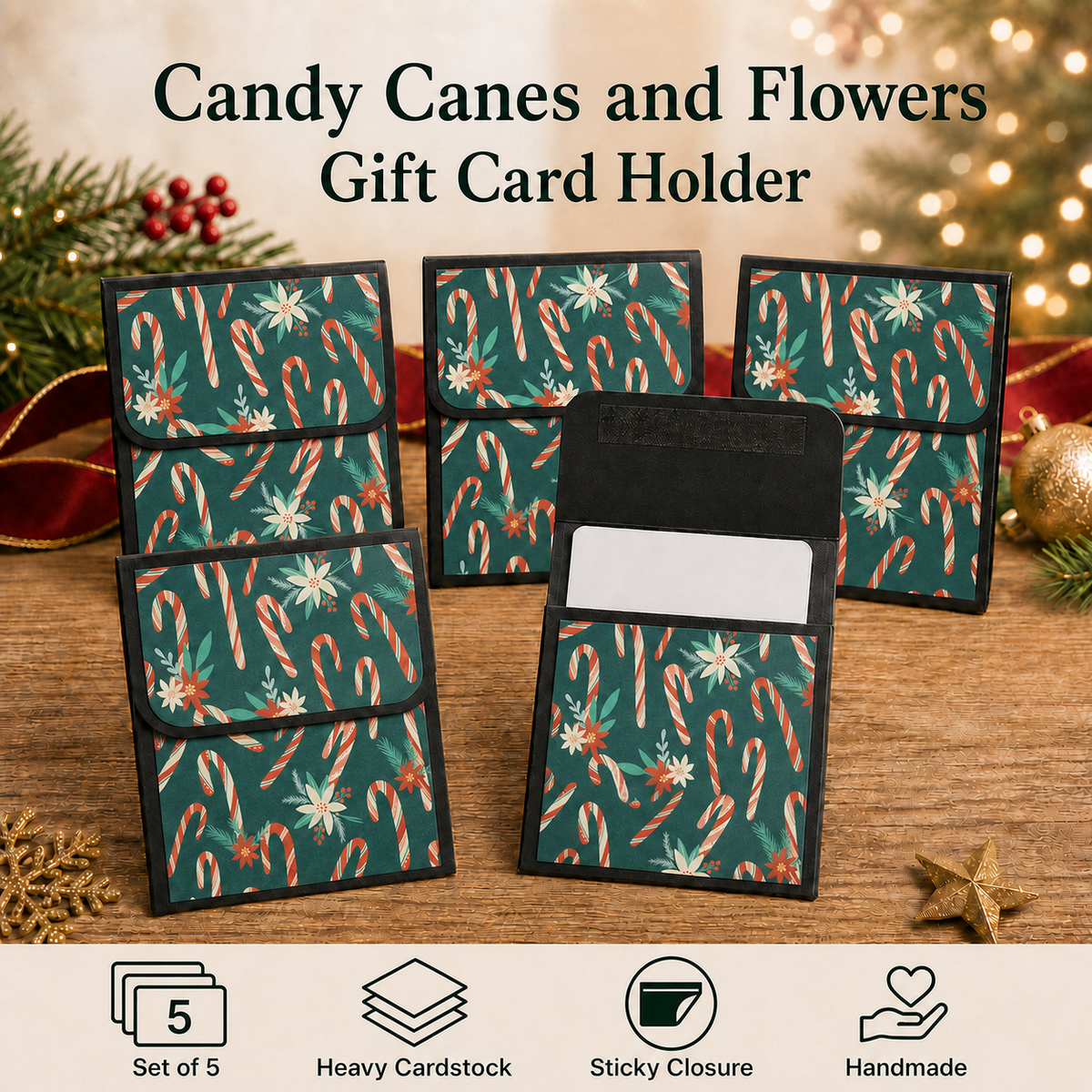 Five Christmas-themed gift card holders with a candy cane and snowflake pattern, displayed on a wooden surface with holiday decorations in the background. Text at the top reads 'Candy Canes and Flowers Gift Card Holder', and feature icons at the bottom mention 'Set of 5', 'Heavy Cardstock', 'Sticky Closure', and 'Handmade'.