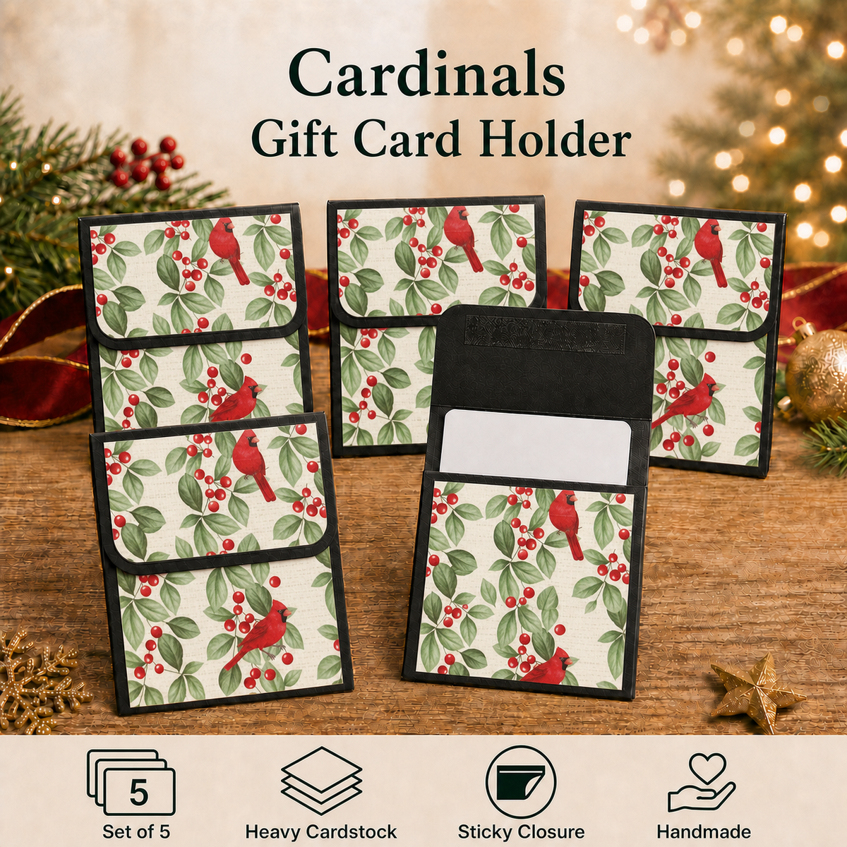 Five Christmas-themed gift card holders with a red cardinal and green holly pattern on a cream background, arranged on a wooden surface with holiday decorations. Text at the top reads 'Cardinals Gift Card Holder' and a light beige footer shows 'Set of 5', 'Heavy Cardstock', 'Sticky Closure', and 'Handmade'.