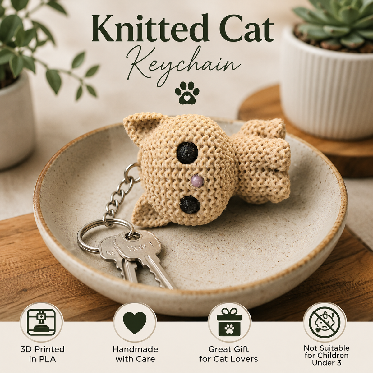A knitted cat-shaped keychain in beige with black and pink facial details, attached to a metal key ring with keys, displayed on a ceramic plate. The scene includes decorative plants and text reading 'Knitted Cat Keychain' with feature icons along the bottom.
