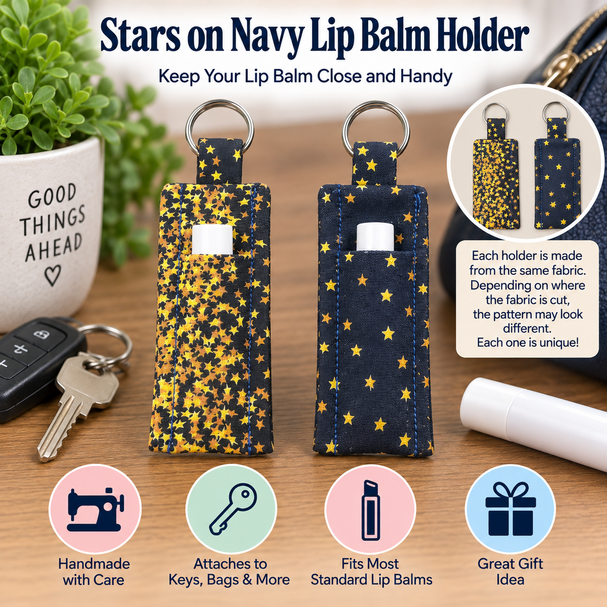 Two fabric lip balm holders with a navy blue background and yellow star pattern, shown on a tabletop with keys, a lip balm tube, and decorative text explaining the product.