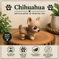 Chihuahua flexi toy standing on a wood round on a table with green plants 
