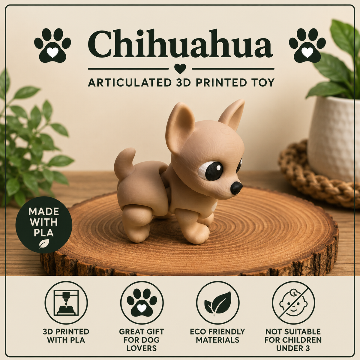 Chihuahua flexi toy standing on a wood round on a table with green plants 
