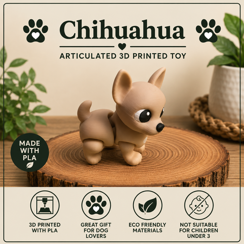 Chihuahua flexi toy standing on a wood round on a table with green plants 
