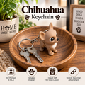 A 3D-printed chihuahua dog keychain resting on a wooden bowl, shown with two keys. The image includes promotional text and feature icons at the bottom.