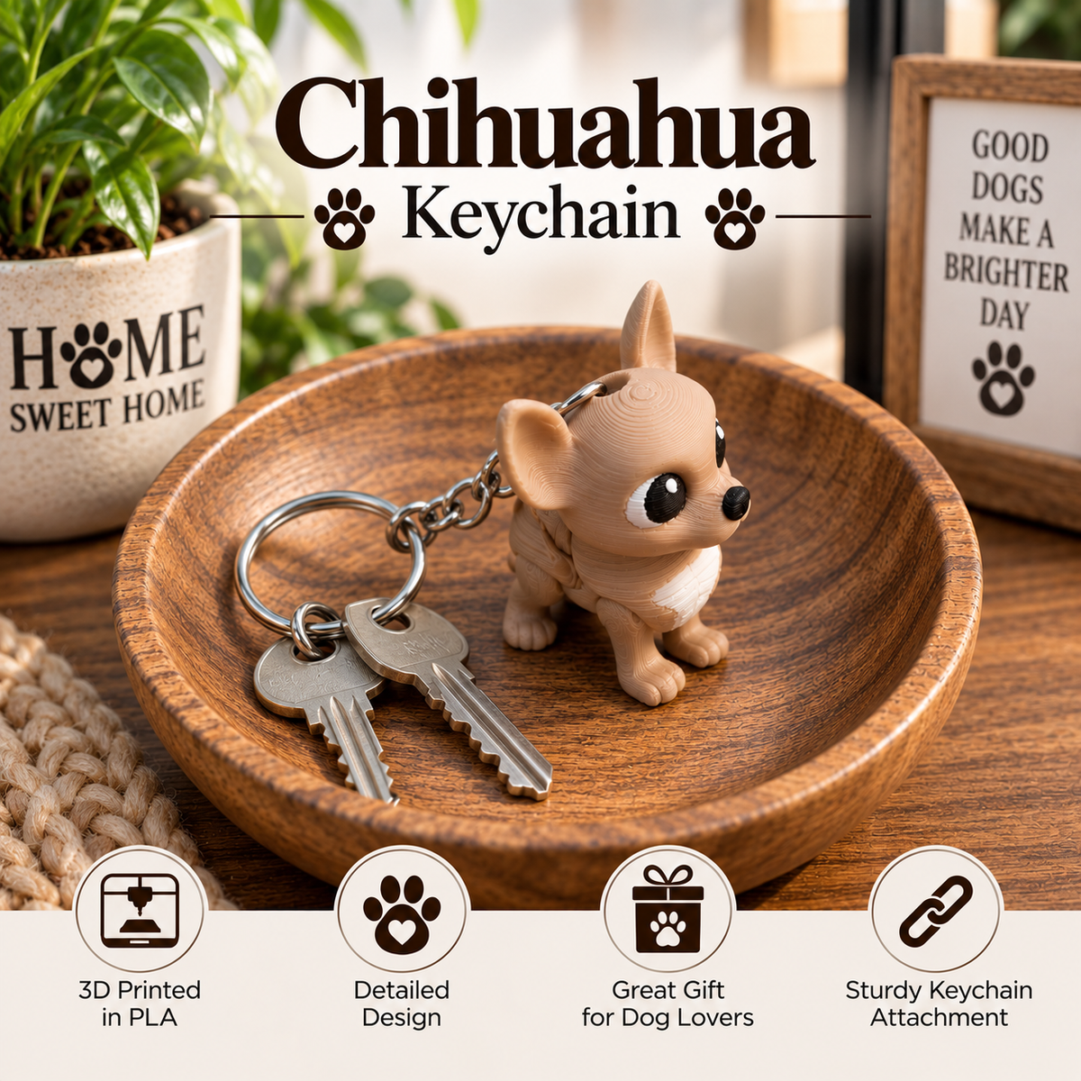 A 3D-printed chihuahua dog keychain resting on a wooden bowl, shown with two keys. The image includes promotional text and feature icons at the bottom.