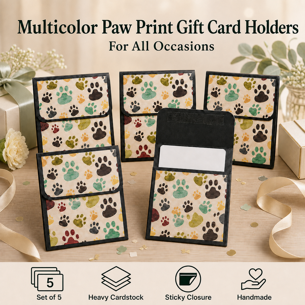 Five multicolor paw print gift card holders arranged on a tabletop with decorative ribbons and gift boxes. Large text at the top reads 'Multicolor Paw Print Gift Card Holders For All Occasions,' and small icons at the bottom mention a set of 5, heavy cardstock, sticky closure, and handmade quality.