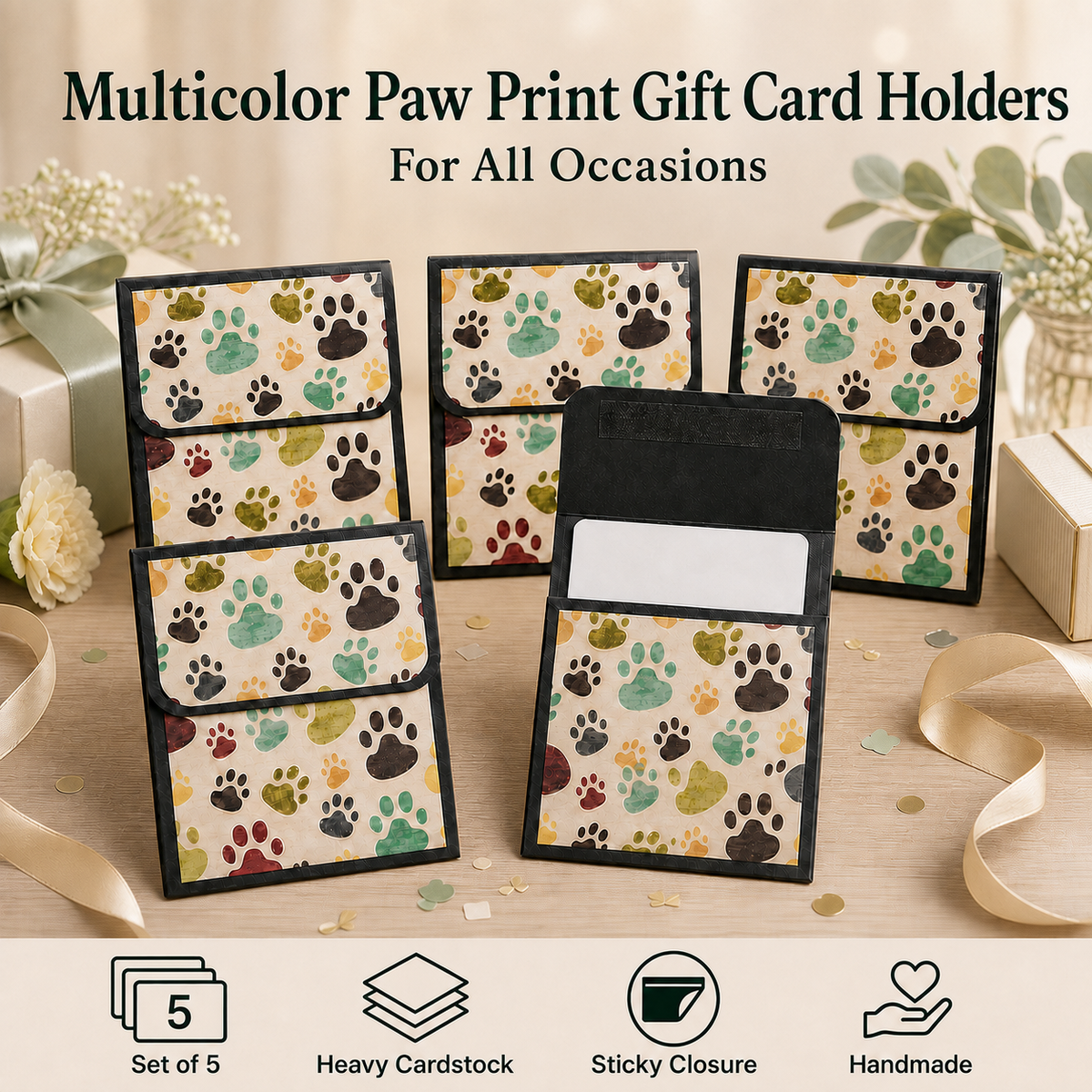 Five multicolor paw print gift card holders arranged on a tabletop with decorative ribbons and gift boxes. Large text at the top reads 'Multicolor Paw Print Gift Card Holders For All Occasions,' and small icons at the bottom mention a set of 5, heavy cardstock, sticky closure, and handmade quality.