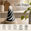 A black and white spiral cone fidget toy displayed on a round marble base on a kitchen countertop, with text reading 'Cone Fidget BLACK & WHITE' and feature icons along the bottom.