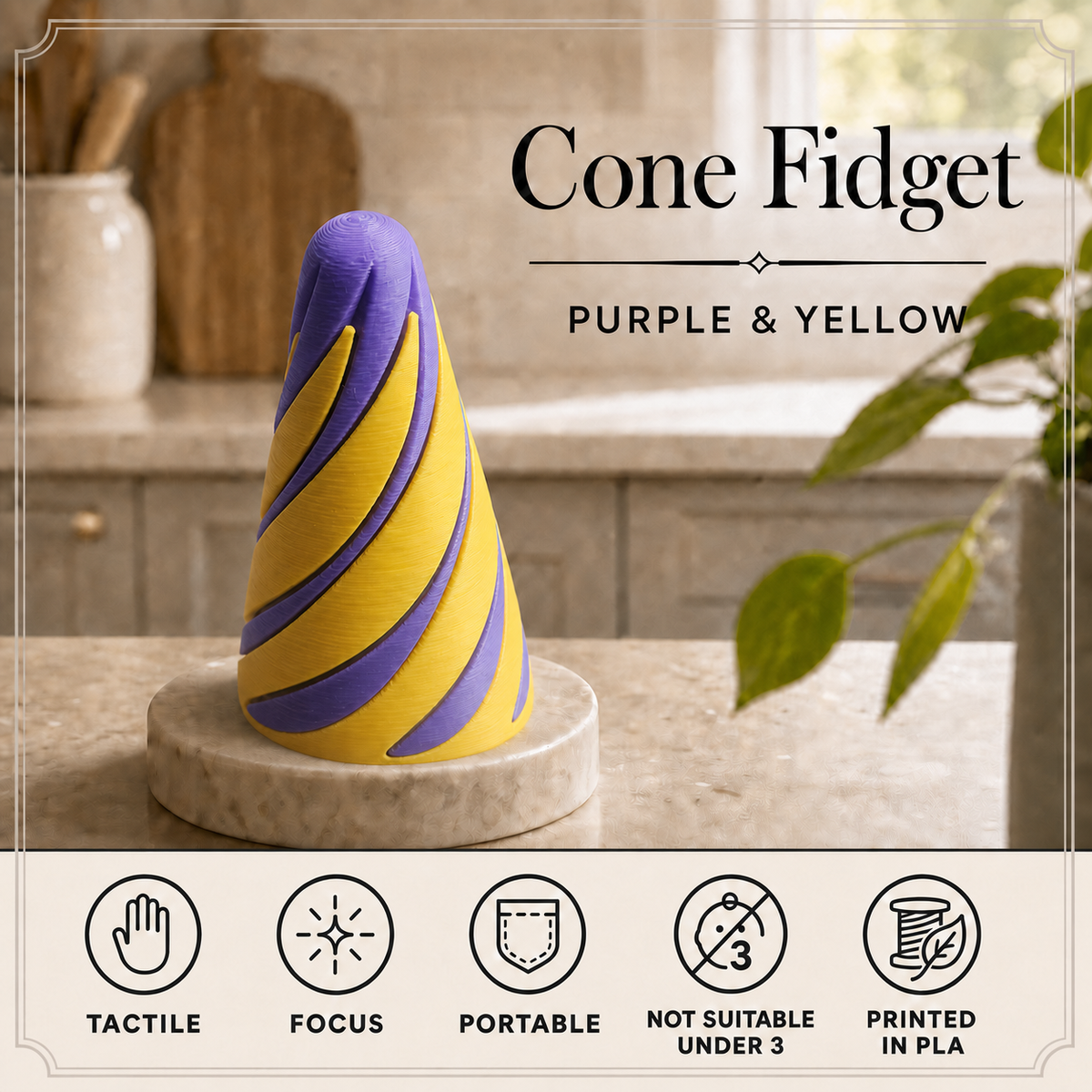 A purple and yellow spiral cone fidget toy displayed on a marble coaster on a kitchen countertop, with text reading 'Cone Fidget' and 'Purple & Yellow' plus feature icons along the bottom.