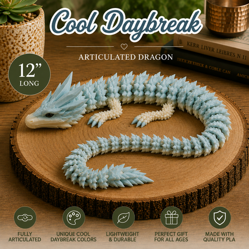 A 12-inch articulated dragon figurine in light blue and cream, displayed on a round wooden slice. The image features promotional text overlays including 'Cool Daybreak', 'Articulated Dragon', and '12" LONG', along with feature icons at the bottom.