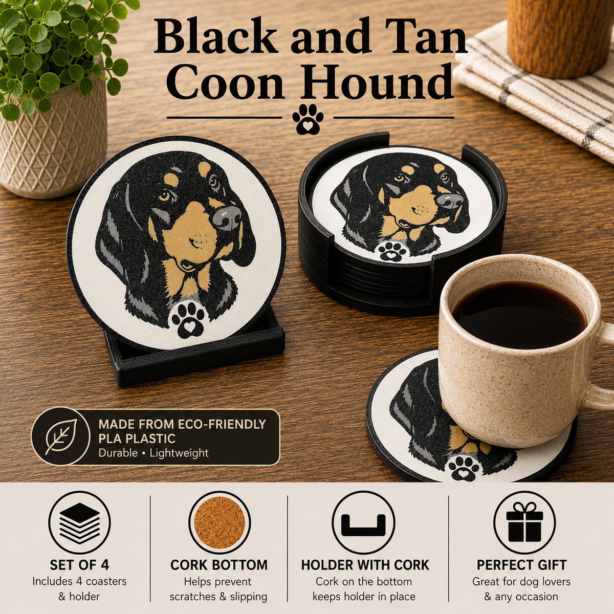 Four round coasters with black and tan Coon Hound illustrations and cork bottoms, shown on a wooden table with a mug of coffee and decorative text and feature icons.