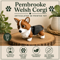 Pembroke Welsh Corgi standing on a round of wood on a table with plants