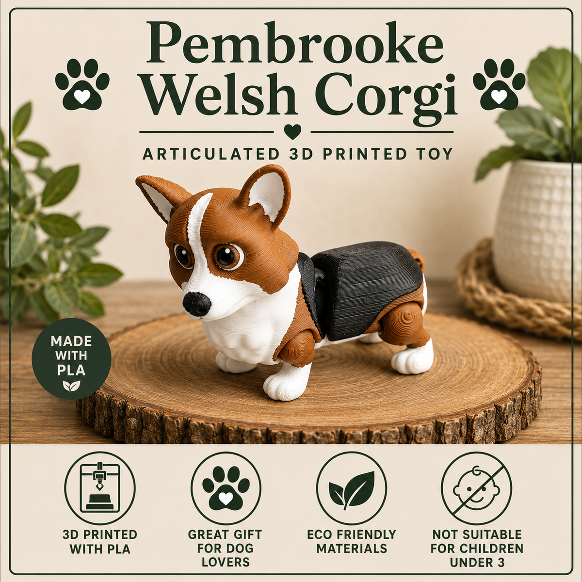 Pembroke Welsh Corgi standing on a round of wood on a table with plants