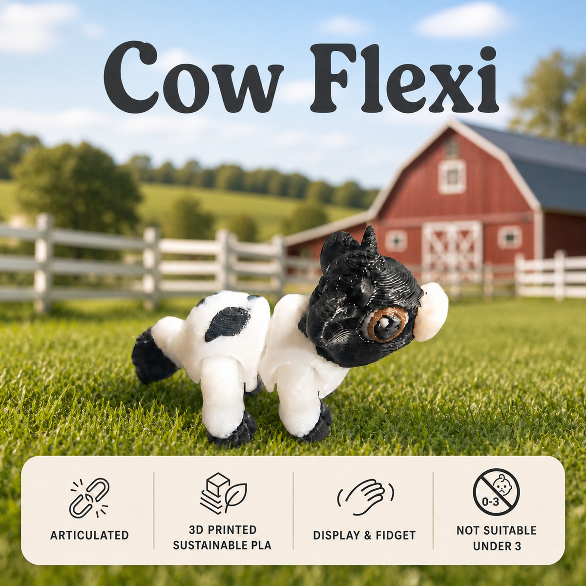 Black and white 3D printed articulated Cow Flexi designed by Cinderwing3D and printed by Twin Cedars Maker Company.